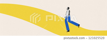 Contemporary art collage. Man in blue pants walks confidently along bold yellow way, road, symbolizing steady progress. Contemporary art collage. Man in blue pants walks confidently along bold yellow way, road, symbolizing steady progress. 121025520