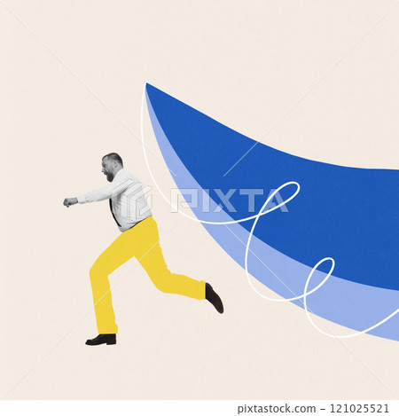 Contemporary art collage. Man in yellow pants leaps forward with blue abstract waves and white lines trailing behind him, 121025521
