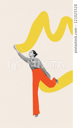Contemporary art collage. Woman in bright orange pants stretches upward, touching wavy yellow shape, symbolizing reaching for goals. 121025528