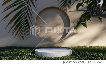 nature background product forest empty green natural display podium cosmetic. beauty platform summer pedestal stage stand outdoor texture plant tropical. tree stone leaf garden promotion fresh mockup 121025529