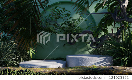 nature background product forest empty green natural display podium cosmetic. beauty platform summer pedestal stage stand outdoor texture plant tropical. tree stone leaf garden promotion fresh mockup 121025531
