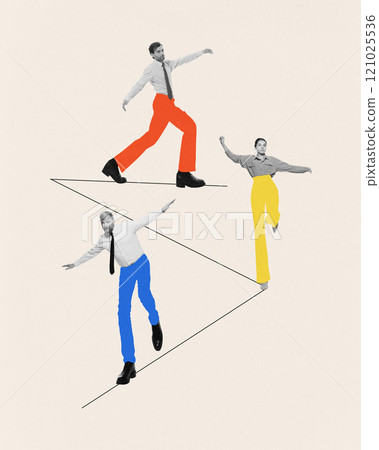 Contemporary art collage. People balance on intersecting lines, with colorful legs, symbolizing teamwork, balance, and navigating points. Contemporary art collage. People balance on intersecting lines, with colorful legs, symbolizing teamwork, balance, and navigating points. 121025536