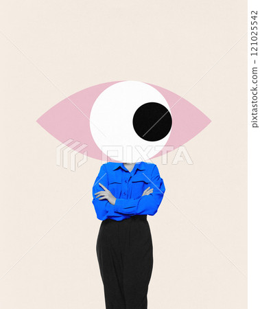 Contemporary art collage. Person with abstract eye replacing their head stands confidently, dressed in bright blue shirt, symbolizing point of view. Contemporary art collage. Person with abstract eye replacing their head stands confidently, dressed in bright blue shirt, symbolizing point of view. 121025542