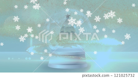 Image of snow globe with christmas tree and shooting star with snow falling Image of snow globe with christmas tree and shooting star with snow falling 121025732