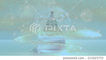 Image of snow globe with christmas tree and shooting star with snow falling 121025733