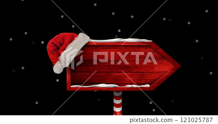 Image of wooden sign with copy space over snow falling 121025787