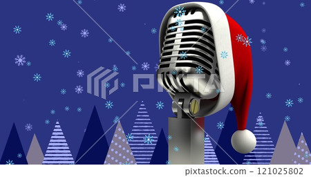 Image of santa hat on vintage microphone and snow falling on blue background Image of santa hat on vintage microphone and snow falling on blue background 121025802