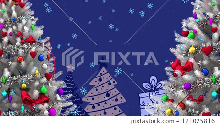 Image of snow falling over christmas tree on blue background 121025816