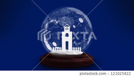 Image of snow globe over blue background 121025822