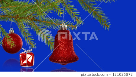 Image of christmas tree decorations over blue background Image of christmas tree decorations over blue background 121025872