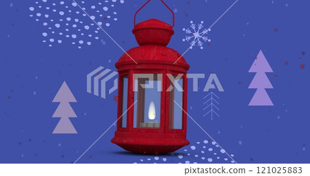 Image of christmas lantern over christmas tree pattern 121025883