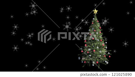 Image of snow falling over christmas tree on dark background 121025890