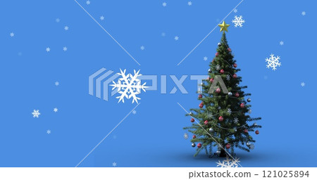 Image of snow falling over christmas tree on blue background Image of snow falling over christmas tree on blue background 121025894