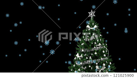 Image of snow falling over christmas tree on dark background 121025900