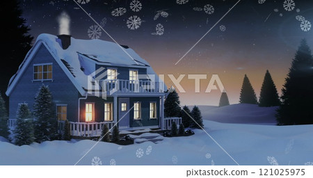 Composition of snowflakes over house and winter landscape Composition of snowflakes over house and winter landscape 121025975