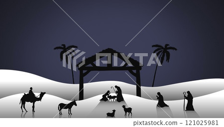 Composition of nativity scene on snow on blue background 121025981