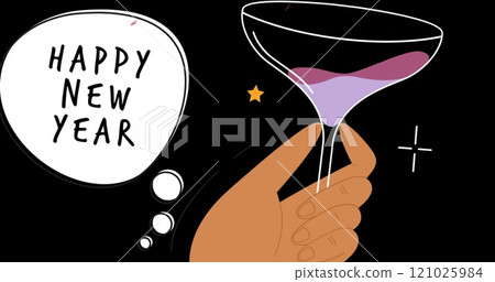 Happy new year text in white speech bubble, with hand holding cocktail glass on black background 121025984
