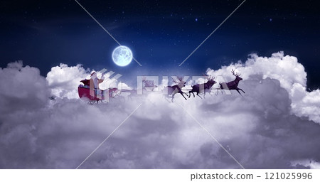 Image of christmas santa claus in sleigh with reindeer over clouds and full moon Image of christmas santa claus in sleigh with reindeer over clouds and full moon 121025996