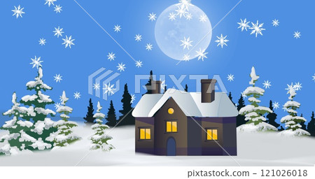 Composition of snow falling over house and full moon in winter scenery Composition of snow falling over house and full moon in winter scenery 121026018