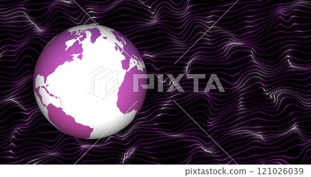 Composite of globe over purple network of lines on black background 121026039