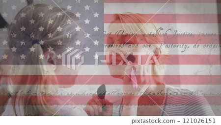 American flag and constitution text against caucasian daughter doing makeup of her mother at home American flag and constitution text against caucasian daughter doing makeup of her mother at home 121026151