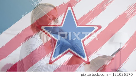 American flag design pattern and pulsating star over caucasian mother using smartphone on bed 121026170