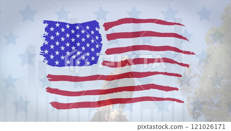American flag design pattern and multiple star against eagle sitting on a branch 121026171
