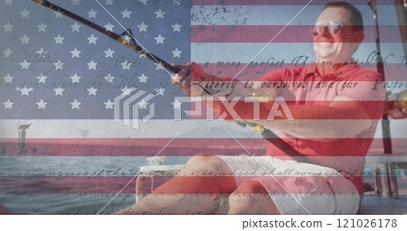 Image of smiling man fishing over american flag and constitution text 121026178