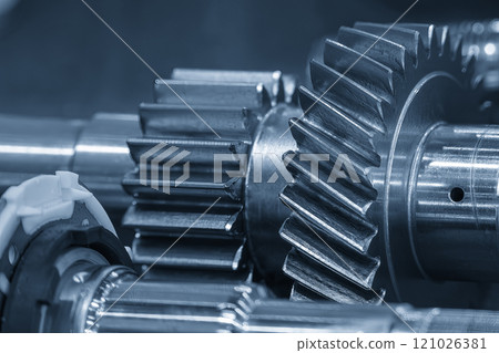 Close up scene the transmission gear parts in the light blue scene. 121026381
