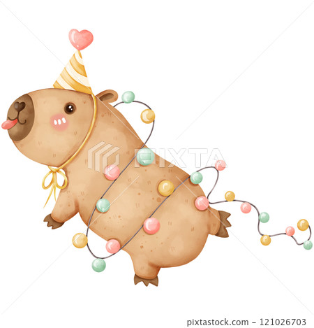 Cartoon capybara on birthday party, hand drawn watercolor Cartoon capybara on birthday party, hand drawn watercolor 121026703
