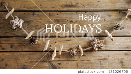 Happy holidays text and Christmas wood 121026706