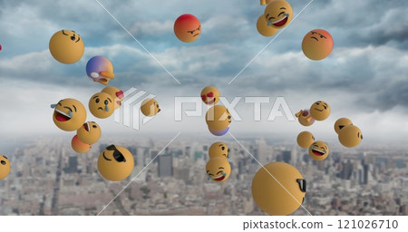 Emoji icons flying over cityscape 4k Emoji icons flying over cityscape 4k 121026710