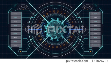 Image of macro coronavirus Covid-19 cell analyzed on a screen with medical information Image of macro coronavirus Covid-19 cell analyzed on a screen with medical information 121026795