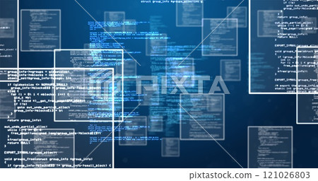 Image of digital information and white square on blue background Image of digital information and white square on blue background 121026803