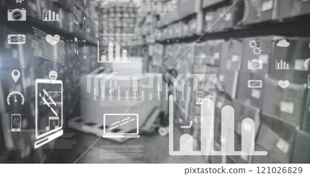 Image of financial data processing with digital icons over warehouse in background Image of financial data processing with digital icons over warehouse in background 121026829