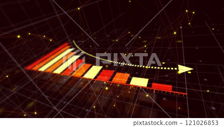 Digital image of statistical data processing and network of connections against red background Digital image of statistical data processing and network of connections against red background 121026853