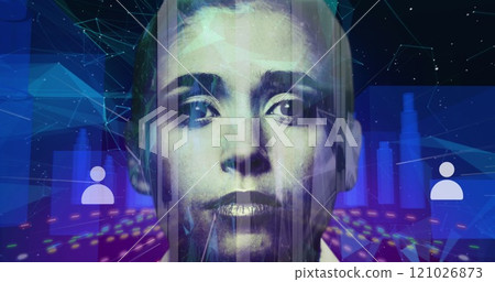 Woman over multiple profile icons moving against 3D city model Woman over multiple profile icons moving against 3D city model 121026873