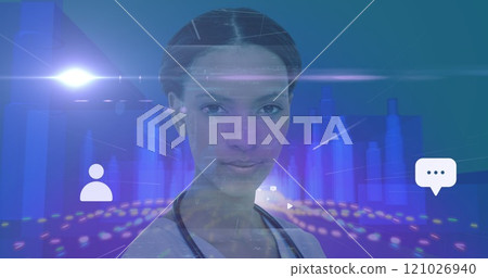 Female doctor against 3D city model on blue background 121026940