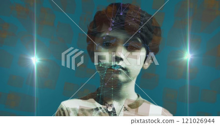 Network of connections over a boy against 3D city model Network of connections over a boy against 3D city model 121026944