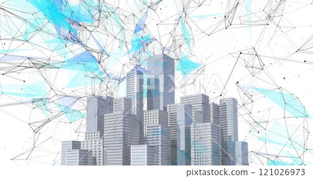Network of connections against modern buildings on white background 121026973
