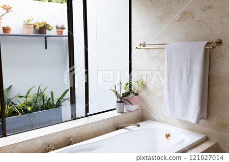 Luxurious bathroom with plants and towel, inviting relaxation and tranquility, at home Luxurious bathroom with plants and towel, inviting relaxation and tranquility, at home 121027014