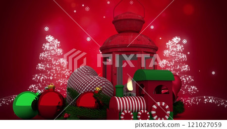 Image of christmas decorations with baubles and lantern over snow falling on red background Image of christmas decorations with baubles and lantern over snow falling on red background 121027059