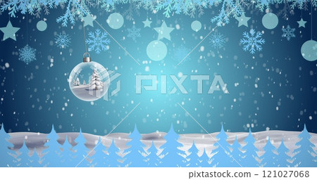 Hanging decorations and multiple christmas tree icons against snow falling over winter landscape Hanging decorations and multiple christmas tree icons against snow falling over winter landscape 121027068