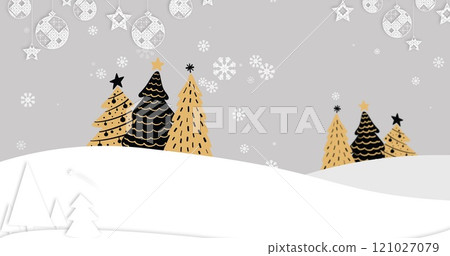 Image of baubles and snow falling over christmas trees and winter landscape Image of baubles and snow falling over christmas trees and winter landscape 121027079