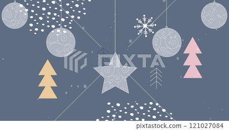 Christmas hanging decorations over snow falling over christmas tree icons on blue background Christmas hanging decorations over snow falling over christmas tree icons on blue background 121027084