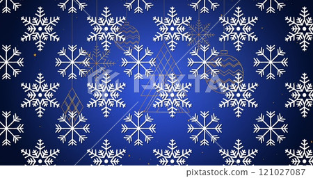 Snowflakes icons in seamless pattern against christmas hanging decorations on blue background Snowflakes icons in seamless pattern against christmas hanging decorations on blue background 121027087