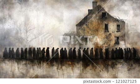 People queuing outside damaged building in bleak landscape 121027125