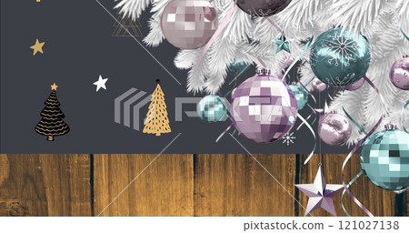 Image of christmas tree with decorations over trees on black background 121027138