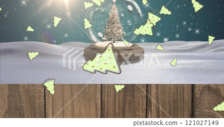 Image of snow falling and trees over snow globe with tree on blue background 121027149