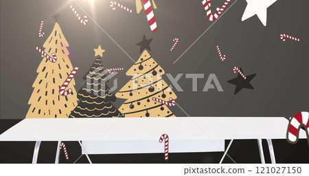 Image of snow and candy canes falling over christmas trees on black background 121027150